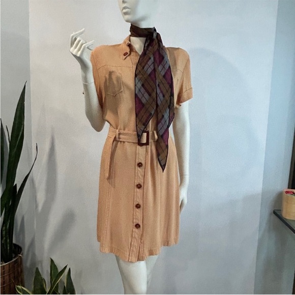 Vintage Crepe Safari Style Shirt Dress + Bonus Vintage Silk Scarf - Picture 5 of 15